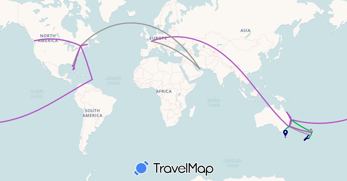 TravelMap itinerary: driving, bus, plane, train, boat in United Arab Emirates, Australia, Canada, France, Martinique, New Zealand, United States (Asia, Europe, North America, Oceania)